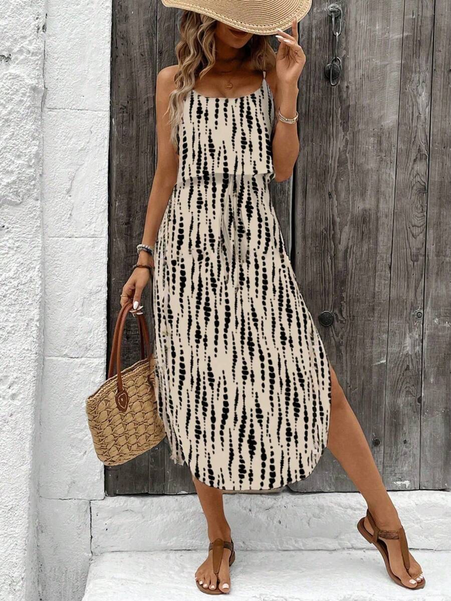 SHEIN LUNE 女士抽象线扎染腰开衩吊带背心连衣裙，适合春夏季 - 彩色 - 查看 1