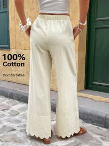 SHEIN Frenchy Quần vải lanh rộng rãi màu trơn đơn giản cho nữ - Màu be - Xem 2