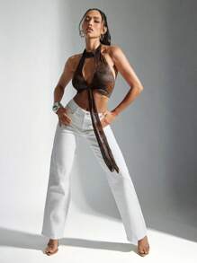 Denimoi 露背 O 形环五金细节前开后开吊带上衣性感风格外出俱乐部演唱会女生夜总会节日夏季 - 棕色 - 查看 6