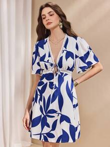 Almamuse Robe courte élégante pour femmes à col V avec imprimé floral