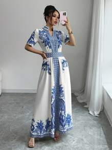 SHEIN Unity 复古印花系腰泡泡袖短款连衣裙 - 藍色 - 查看 3