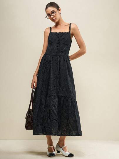 Muvela 女式中长款刺绣荷叶边下摆细肩带夏季连衣裙，时尚黑色优雅女士连衣裙