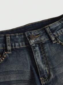 ROMWE Fairycore Women's Vintage Y2K Ultra Super Low Waist Super Short Distressed Wash Pocket Butterfly Pattern Rivet Denim Shorts - Blue - View 4