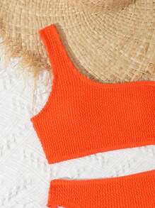 SHEIN Tween Girls' Solid Color Swimsuit 2 Pieces Set, Beach/Vacation Orange Bikini Teen Orange Bikini Orange Two Piece Swimsuit One Shoulder Orange Bikini High Waisted Orange Bikini - Orange - View 6