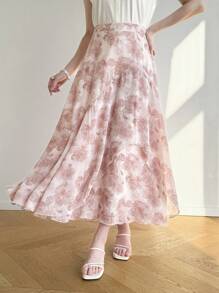 Modelyn Women's Vacation Floral Print Ruffle Hem Elegant A-Line Skirt - Pink - View 5