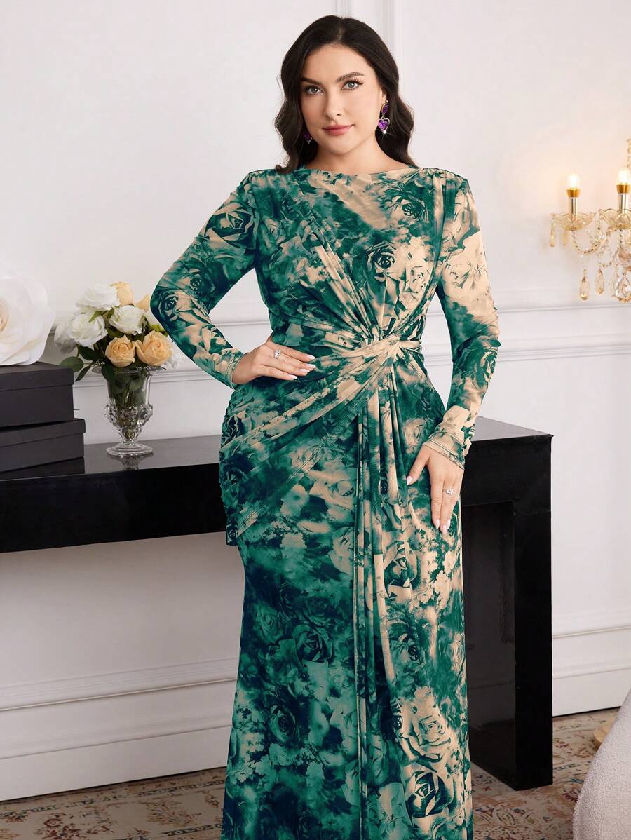 Modelyn Vestido largo elegante de manga larga con estampado floral y cintura fruncida para mujer de talla grande - Verde - Ver 1