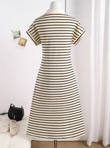 青少年女孩夏季休闲马球领短袖条纹连衣裙 - 彩色 - 查看 2