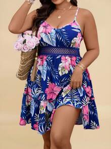 Travachic 大码热带印花无袖休闲连衣裙 - 寶藍色 - 查看 8