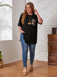 EMERY ROSE 大碼落肩豹紋貼布口袋開衩T恤