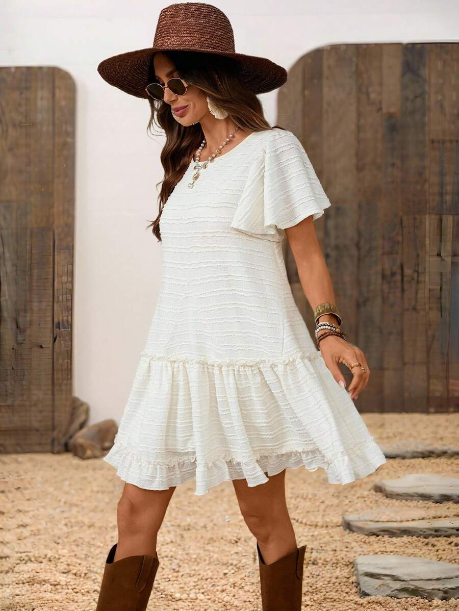 SHEIN LUNE Women Casual Ruffle Edge Textured Knit Dress Summer Outfits For Women Summer Dresses For Women Sun Dresses For Women Western Wear Women 4th Of July Country Concert Outfit White Graduation Dress Concert Outfit Women Boho Women's Clothing Rave Outfits Concert Outfits For Women Going Out Outfits European Summer White Dresses For Women Western Wear Women Country Concert Outfit Flowy Dress - Apricot - View 1