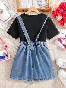 Girls Printed Short Sleeve T-Shirt & Asymmetric Denim Bib Shorts Set - Black - View 2