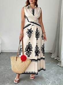 SHEIN Tall Bộ đồ 2 món in kỹ thuật số dệt kim không tay buộc dây phía trước cỡ lớn cho nữ và chân váy midi bồng bềnh phong cách Bohemian, trang phục nghỉ dưỡng thường ngày - Màu be - Xem 4