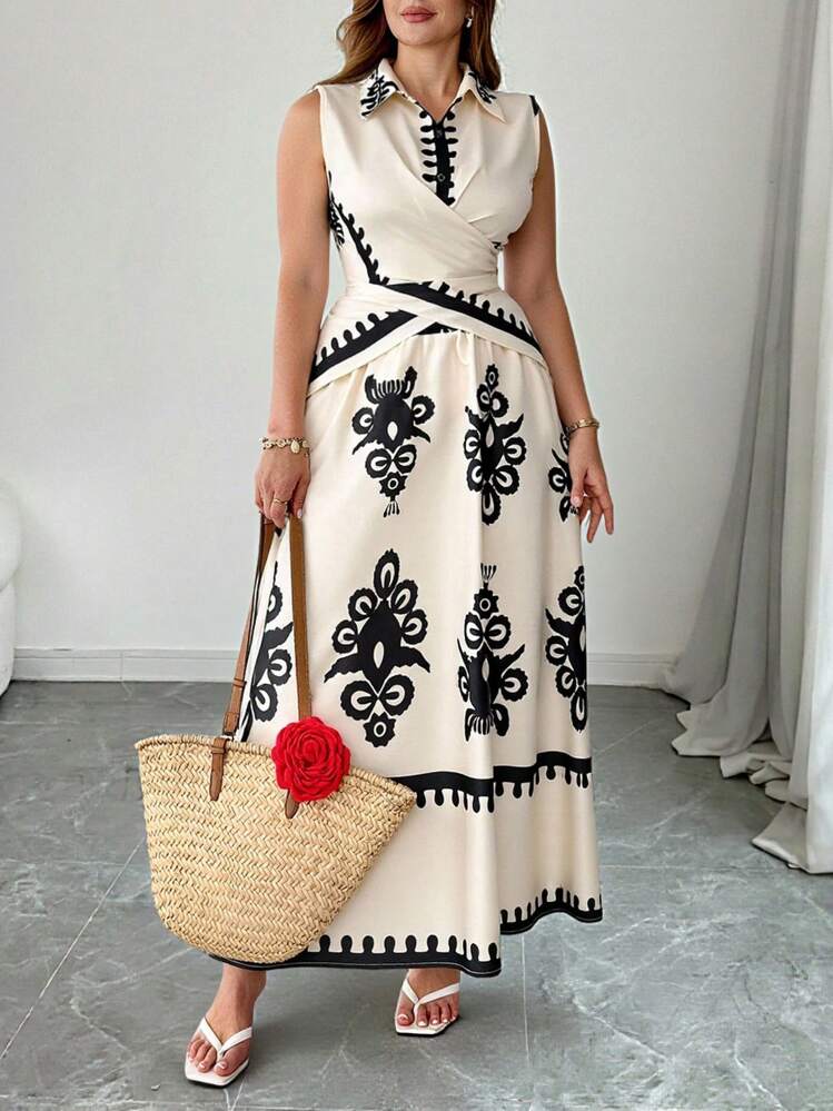 SHEIN Tall Bộ đồ 2 món in kỹ thuật số dệt kim không tay buộc dây phía trước cỡ lớn cho nữ và chân váy midi bồng bềnh phong cách Bohemian, trang phục nghỉ dưỡng thường ngày - Màu be - Xem 4