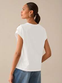 Lilora Camiseta casual de manga corta con diseño de botones metálicos para mujer, camiseta de algodón 100% de unicolor blanco, atuendos de verano para mujer, elegantes para salidas urbanas, apropiada para fiestas diarias, primavera y verano.