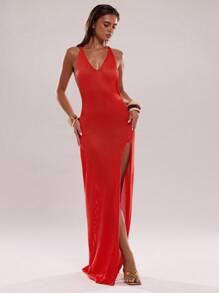 SHEIN BAE 女士纯色露背镂空设计连衣裙 - 橘色 - 查看 4