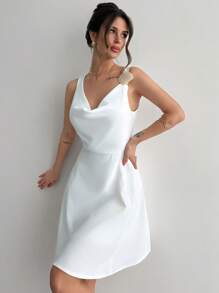 Firerie Damen Sommer Elegant Urlaub Strand Kurzes Kleid, Weißes Lässiges Pendelkleid mit Metall Deko Schulter A-Linie - Weiss - Übersicht 3