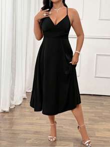 Allurite Đầm đi làm sang trọng đến dạ hội, Đầm midi không tay thắt nơ sau lưng bằng vải thoải mái, giản dị, màu đen, cỡ lớn, phù hợp cho mùa xuân, hè, thu - màu đen - Xem 3