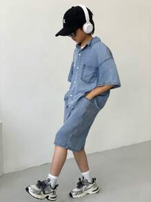 SHEIN 2件套男童时尚休闲蓝色牛仔布拼接细节设计宽松休闲衬衫上衣，搭配宽松舒适的基础款日常简约男童短裤牛仔裤套装，适合儿童穿着，柔软舒适，适合日常穿着，也适合儿童春夏穿着。 - 藍色 - 查看 7