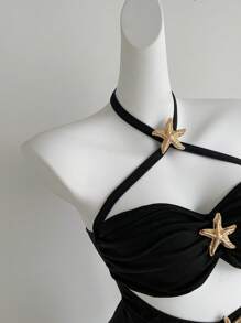 SHEIN Unity 黑色镂空金色海星装饰露背连体衣，超级有弹性，柔软舒适，适合游泳、海滩、休闲、派对，极简主义设计，适合夏季 - 黑色 - 查看 5