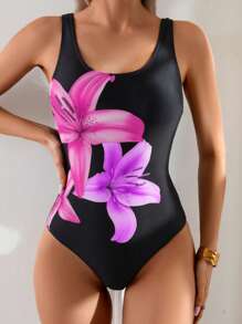 SHEIN Swim Traje de baño de una pieza con estampado floral y espalda descubierta para mujer, perfecto para el verano