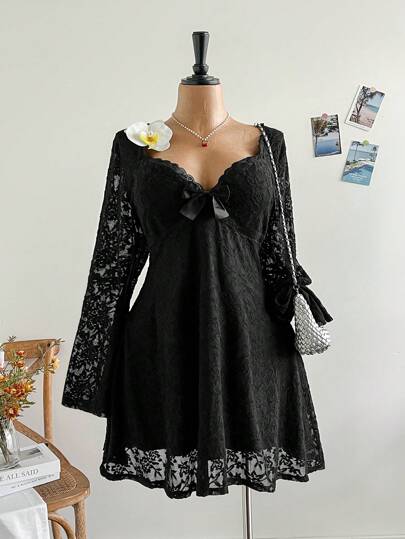 Soleia Plus Size Women Spring Vacation White Lace Trim Square Neck Ruffle Sleeve A-Line Mini Dress Black Lace Dress Black Dress With Bow Goth Dress Witchy Dress Lace Mini Dress