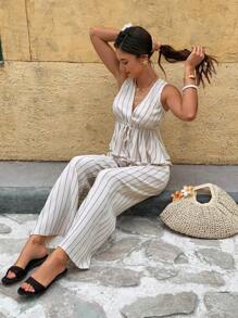 Serisse Bộ 2 món đồ mặc nhà nghỉ dưỡng mùa hè không tay kẻ sọc thắt eo không tay và quần dài Bộ trang phục mùa hè cho nữ Bộ đồ nghỉ dưỡng cho nữ Trang phục mặc hàng ngày cho phụ nữ - Màu be - Xem 3