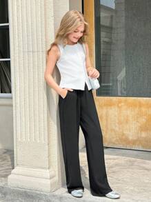 青少年女孩罗纹不对称纽扣开合针织无袖毛衣 - 白色 - 查看 7