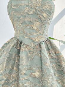 Chiquease Vestido elegante sin mangas de jacquard con nudo en la espalda para el verano - Verde - Ver 3