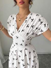 Elenzga Women Fashion Elegant V-Neck Shoulder Sleeve Chest Pleated Hem Chiffon Mesh Panel Printed Dress - Multicolor - View 6