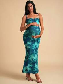 MaterniChic Pregnant Women Tie Dye Printed Fitted Summer Strap Dress  Maternity  Dress FLORAL - Green - View 4