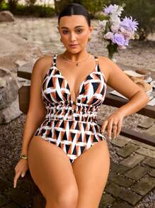 Swim Chiccia 加大码几何印花连体泳衣，适合海滩度假 - 彩色 - 查看 4