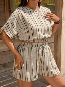 SHEIN LUNE Plus Size Vacation Casual Striped Batwing Shirt And Shorts 2 Pieces Set Summer Outfits For Women Vacation Outfits Woman Two Pieces Set Women Business Casual Woman Beach Vacation Outfits School Clothes Country  Outfits Women 