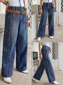 LanaWest 女式宽松浅蓝色水洗直筒牛仔裤 - 深色水洗藍 - 查看 1