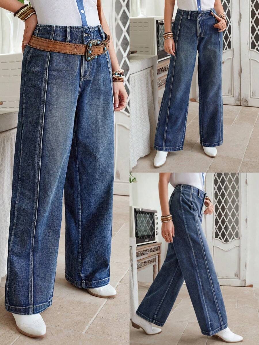 LanaWest 女式宽松浅蓝色水洗直筒牛仔裤 - 深色水洗藍 - 查看 1