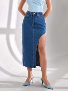 RueChic Zipper Fly Asymmetrical Denim Skirt - Medium Wash - View 6