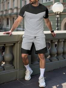 Manfinity Homme Bộ áo thun cổ tròn tay ngắn màu trơn đơn giản và quần short cạp rút cho nam - Nhiều màu - Xem 1