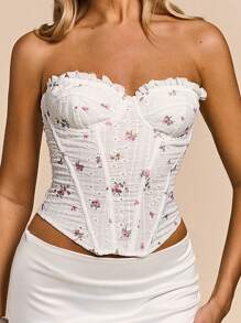 Glamine 女式白色碎花荷叶边饰边系带后背网眼刺绣露肩束身衣抹胸上衣，夏季，女士夏季服装，抹胸，女士束身衣上衣