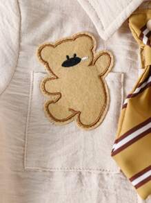 男宝宝夏季可爱绅士熊图案口袋短袖连体衣，配有可拆卸领带 - 卡其色 - 查看 5