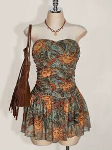 SHEIN ICON 大码褶饰低腰佩斯利印花吊带连衣裙，夏季连衣裙，适合音乐节、Y2K、毕业季和返校季、暑假 - 彩色 - 查看 1