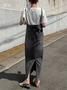 FRIFUL 女士直筒牛仔背带裙 - 深灰色 - 查看 4