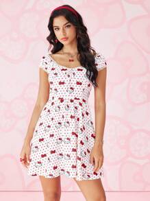 HELLO KITTY AND FRIENDS | SHEIN Women's Polka Dot & Cartoon Pattern Summer Short Dress - White - View 3