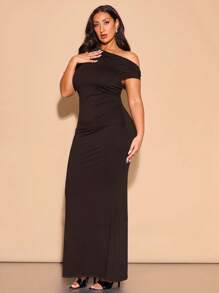 SHEIN BAE Váy maxi xếp nếp bất đối xứng cỡ lớn dành cho nữ, trang phục thanh lịch khi đi chơi, dự tiệc, hẹn hò, câu lạc bộ, Halloween, ngày lễ tình nhân, trang phục dự tiệc cưới, xuân/hè, váy maxi - Cà phê nâu - Xem 3