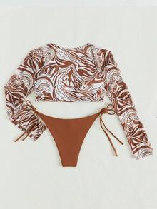Swim SXY Bãi biển mùa hè Bộ bikini in cẩm thạch dài tay Chi tiết cúp trên & cà vạt bên dưới bơi 2 mảnh Bộ đồ tắm bikini - Cà phê nâu - Xem 7