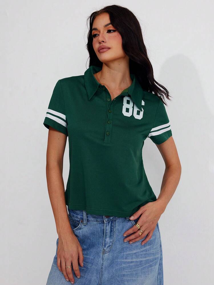 Roylia 运动衫面料、印花数字图案、条纹图案、纯色、修身、短袖、Polo 领、定位印花、纽扣、办公室、节庆、假日、休闲、通勤、运动、极简主义、时髦、Y2K、青少年休闲、街头风格、春夏女款常规 Polo 衫、短款 T 恤 - 軍綠色 - 查看 4