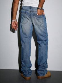 ROMWE MEN Street Life Quần Jeans Denim Nhiều Túi Trang Trí Đá Rhinestone Màu Sắc Cho Nam Thường Ngày Đa Năng - Màu xanh lam - Xem 4