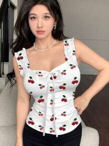 Modelyn Top de tirantes sin espalda con estampado de cerezas frutales de moda para mujer en verano