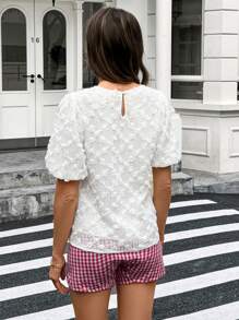 SHEIN LUNE Women Casual White Textured Petal Sleeve Round Neck Shirt,Summer Elegant Tea Party Beaded Top,Boho Old Money Style Business Vacation Tops - Apricot - View 7