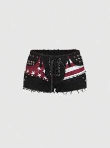 ROMWE Grunge Punk Pantalones cortos vaqueros sexy de cintura súper baja con estampado de bandera de EE.UU. del Día de la Independencia y remaches de estilo punk para mujeres - Negro - Ver 1