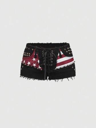 Grunge Punk Shorts in denim sexy a vita molto bassa con stampa bandiera USA, stile punk con borchie, per donne