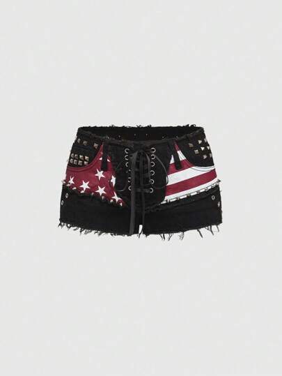 Grunge Punk Pantalones cortos vaqueros sexy de cintura súper baja con estampado de bandera de EE.UU. del Día de la Independencia y remaches de estilo punk para mujeres